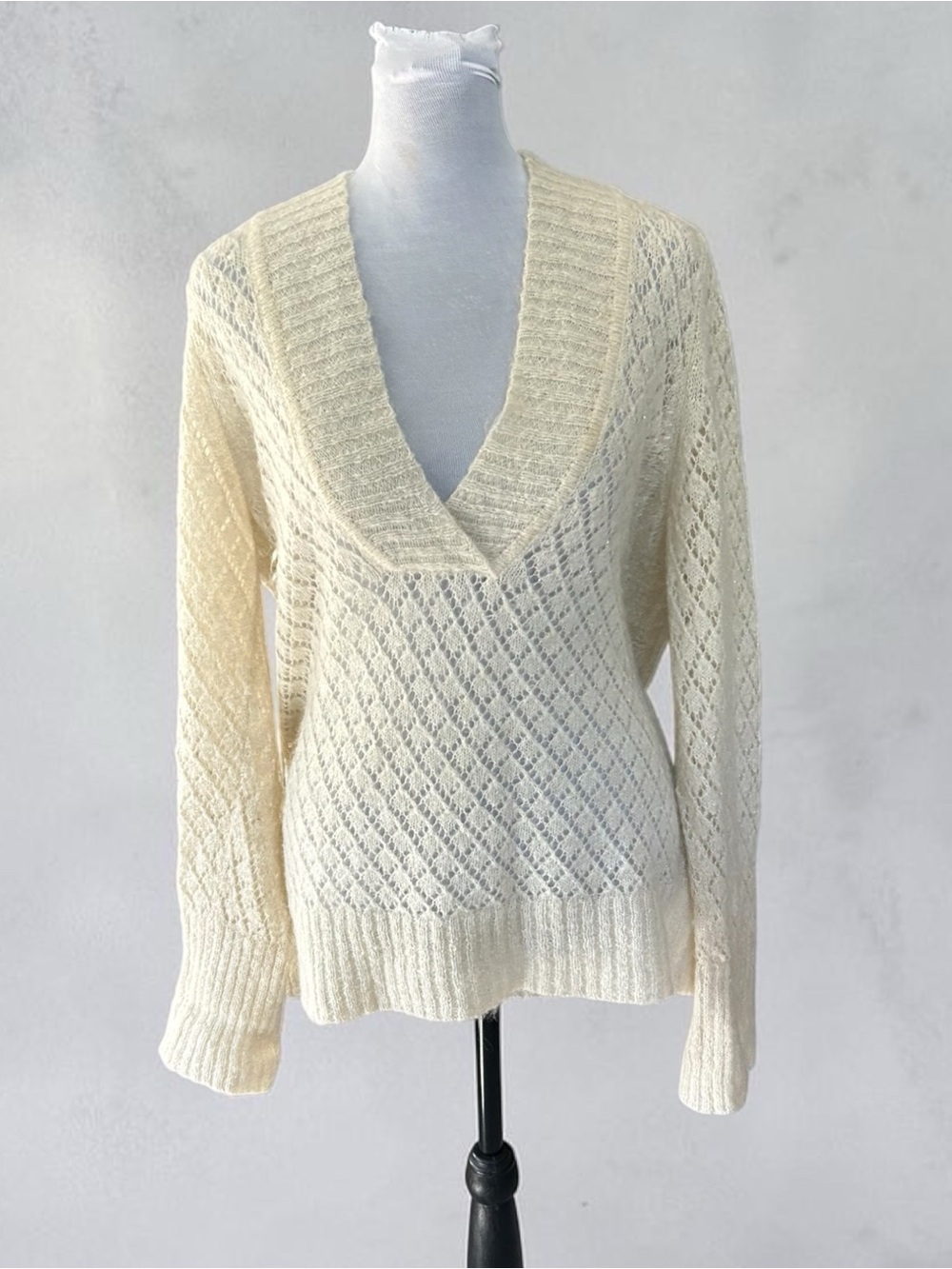 LOFT Cream V-Neck Openwork Cable Sweater